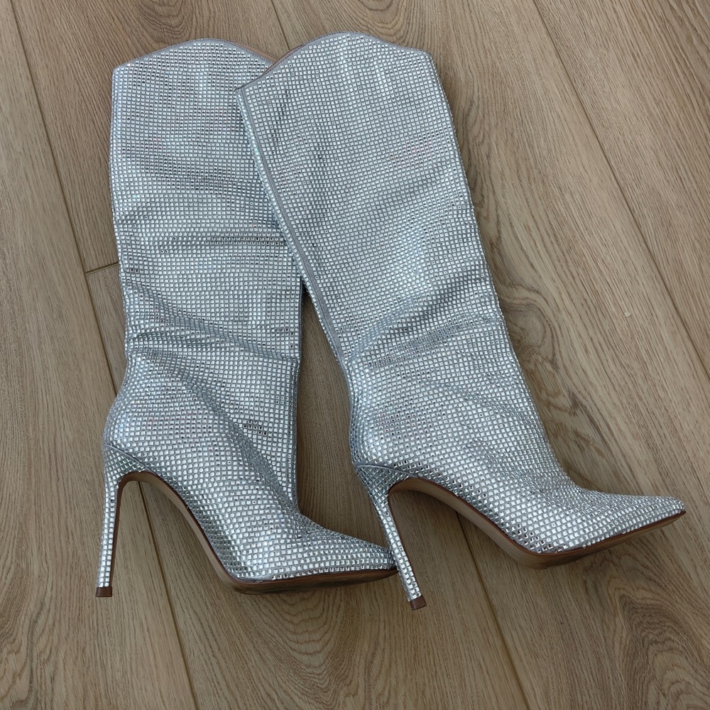 Steve Madden Violetta-Rhinestone Glass Pointed Toe Knee-High Heel Boots